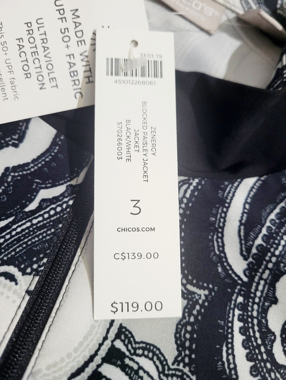 Plus Chico’s Zenergy UPF 50+ Paisley Zip Jacket Black White Size 18/18 NWT - Picture 8 of 16